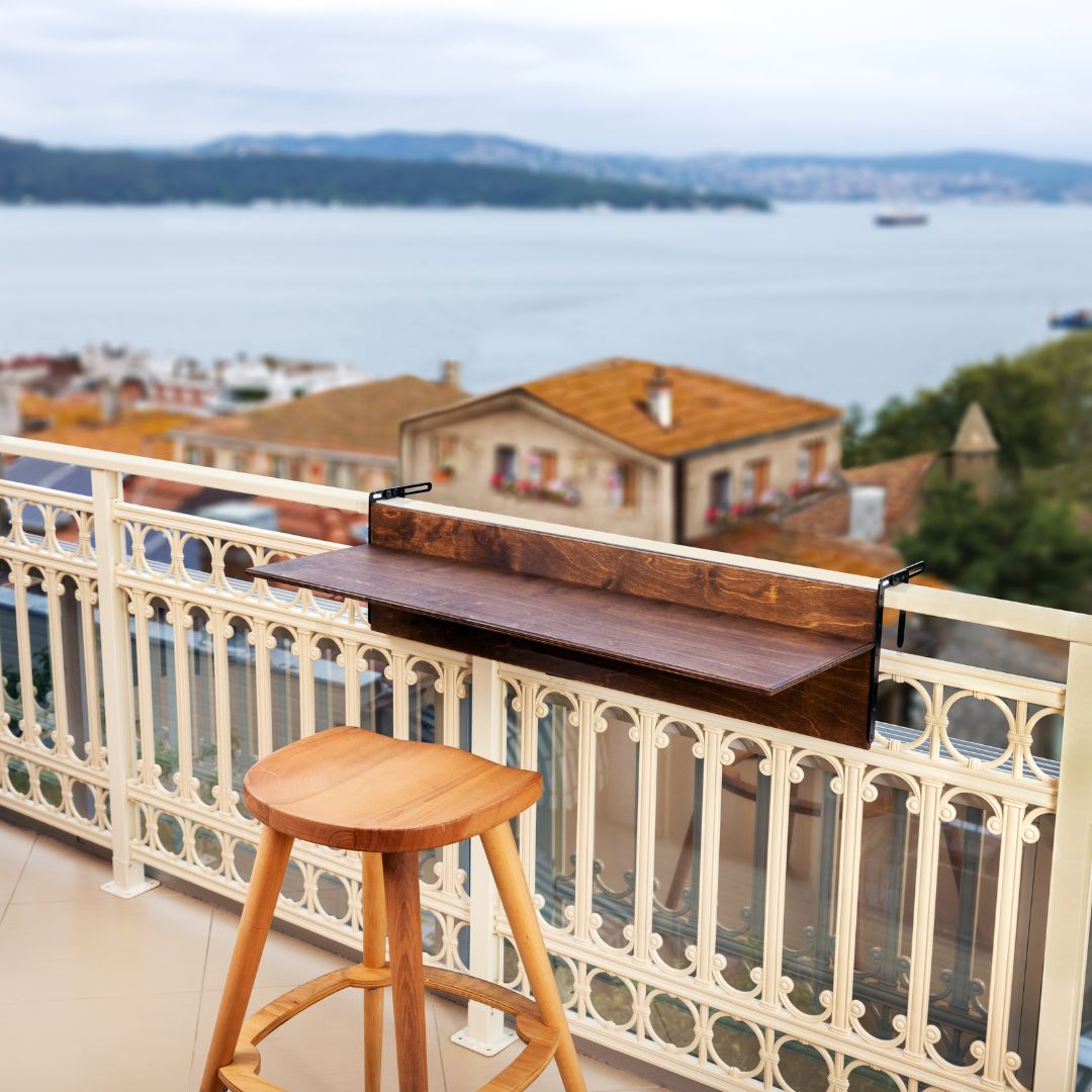 Hanging table for outdoor spaces Space-saving balcony furniture Adjustable balcony table Handcrafted balcony table Balcony table for small spaces