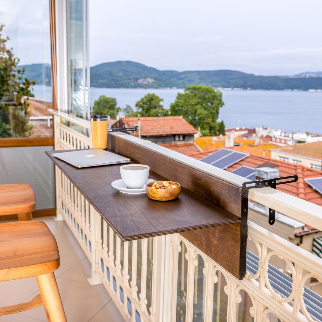 Space-saving balcony furniture Adjustable balcony table Handcrafted balcony table Balcony table for small spaces Folding table for porch or terrace