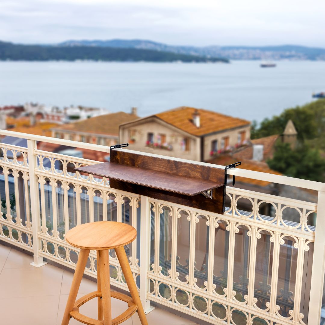 Handcrafted balcony table Balcony table for small spaces Folding table for porch or terrace Wooden balcony bar table Versatile balcony furniture